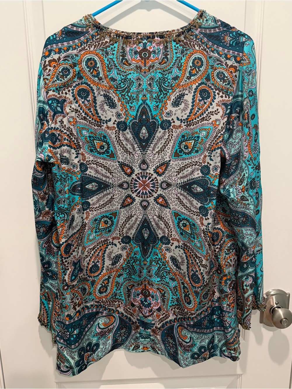 Sundance Catalog Tunic Top Blouse Women’s L 100% Silk Paisley V-Neck Beaded Boho - Picture 2 of 8